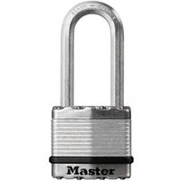 Laminated steel padlock with 51mm shackle, silver body, black Master logo, and reinforced design.