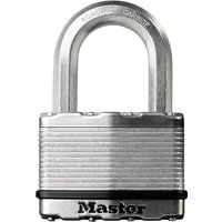 Laminated steel padlock with 50mm body, 25mm shackle, and black Master Lock branding on the bottom.