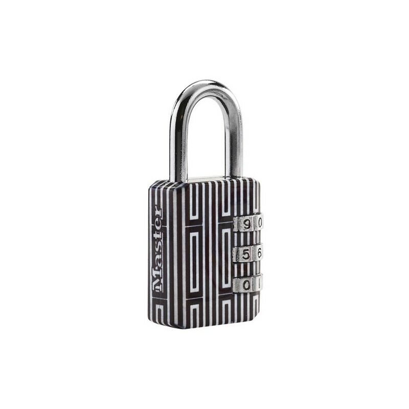 A decorative 30mm combination padlock in black and white geometric patterns, featuring a silver metal shackle and three rotating dials for code input.