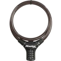 Black Master Lock steel combination cable lock with four-digit dial and flexible brown cable.