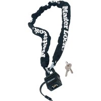 Black Master Lock security chain with weather-resistant padlock and two keys, covered in protective black sleeve.