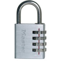 Silver Masterlock aluminium combination padlock with four black dials and engraved logo.