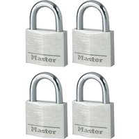 Set of four silver Masterlock aluminum padlocks with chrome shackle, keyed alike, engraved with "Master" logo.