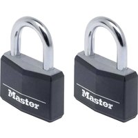 Black Masterlock aluminum padlocks with silver shackle and white logo, keyed alike set of two.