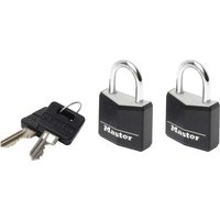 Two black and silver Masterlock aluminium vinyl padlocks with keys, keyed alike, featuring a sturdy shackle design.