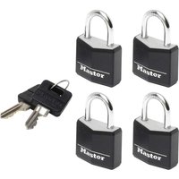 Black Masterlock aluminium vinyl padlocks, pack of 4, keyed alike, with silver shackle and two keys included.