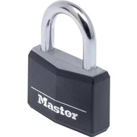 Black Masterlock aluminium vinyl padlock with silver shackle and white logo.