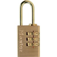 Brass finish Masterlock combination padlock with three-digit dials and engraved logo on rectangular body.