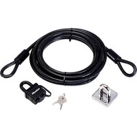 Black Masterlock cable lock with two looped ends, black padlock, two keys, and a silver anchor plate.