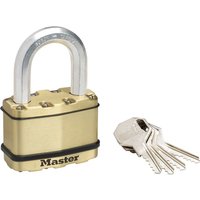 Brass finish Masterlock Excell padlock with silver shackle, black accents, and four silver keys.