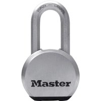 Chrome plated Masterlock Excell padlock with round body, hardened steel shackle, and black Masterlock logo.