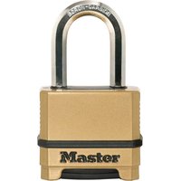 Gold Masterlock Excell combination padlock with black dial and silver shackle.