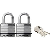 Two silver Masterlock Excell laminated steel padlocks with black accents, accompanied by a set of keys.