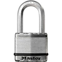 Masterlock Excell laminated steel padlock with silver body, hardened shackle, and black Masterlock logo.