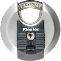 Masterlock Excell stainless steel discus padlock with black rubber grip and keyhole at center.