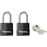 Black Masterlock Excell padlocks, pack of 2, with silver shackle and set of keys, weather-resistant design.