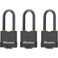 Black Masterlock Excell Weather Tough padlocks, pack of 3, keyed alike, with silver shackle and yellow accents.