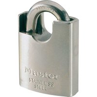 Stainless steel Masterlock Marine Padlock with shrouded shackle and engraved logo.