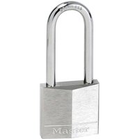Silver Masterlock Marine Padlock with long shackle and brushed metal finish.