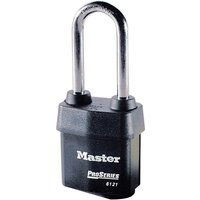 Black Masterlock Pro Series padlock with silver shackle and "Master" logo on the front.