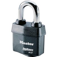 Black Masterlock Pro Series padlock with silver shackle and "Master Pro Series 6127" text on the body.