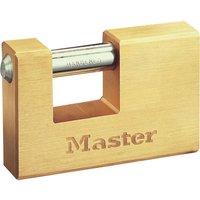 Rectangular brass Masterlock shutter padlock with solid body and horizontal steel shackle.