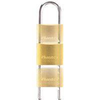 Solid brass Masterlock padlock with adjustable shackle, engraved logo, and smooth polished finish.