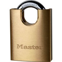 Solid brass Masterlock padlock with closed shackle and engraved logo, featuring a hardened steel loop.