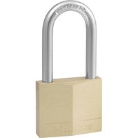 Solid brass Masterlock padlock with a silver steel shackle and engraved brand logo on the body.