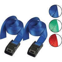 Blue Masterlock tie down lashing straps with black buckles, shown with color options in blue, green, and red.
