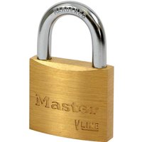 Brass Masterlock V Line padlock with a silver shackle, engraved branding, and keyed alike feature.