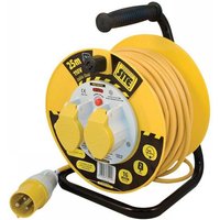 Yellow Masterplug cable reel with 25m cord, dual sockets, black handle, and thermal cut-out feature.