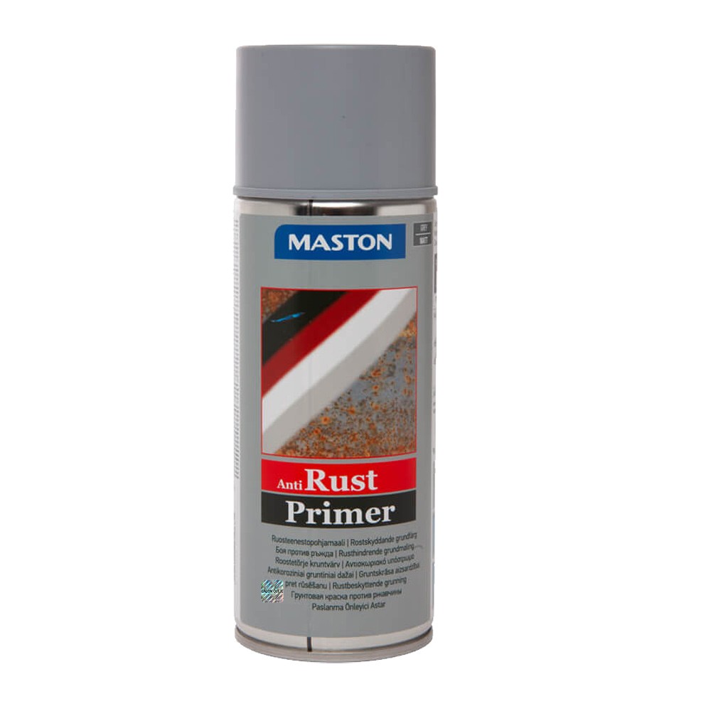Gray metal spray can of Maston Anti-Rust Primer, featuring a red and white label with the product name, designed to prevent corrosion on surfaces.