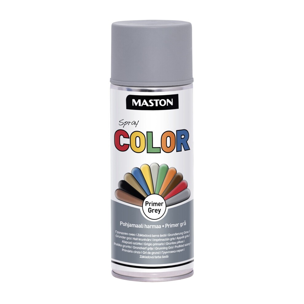 Maston Spray Paint in a 400ml can, featuring a grey primer color with a glossy finish, labeled with vibrant color options on the front.