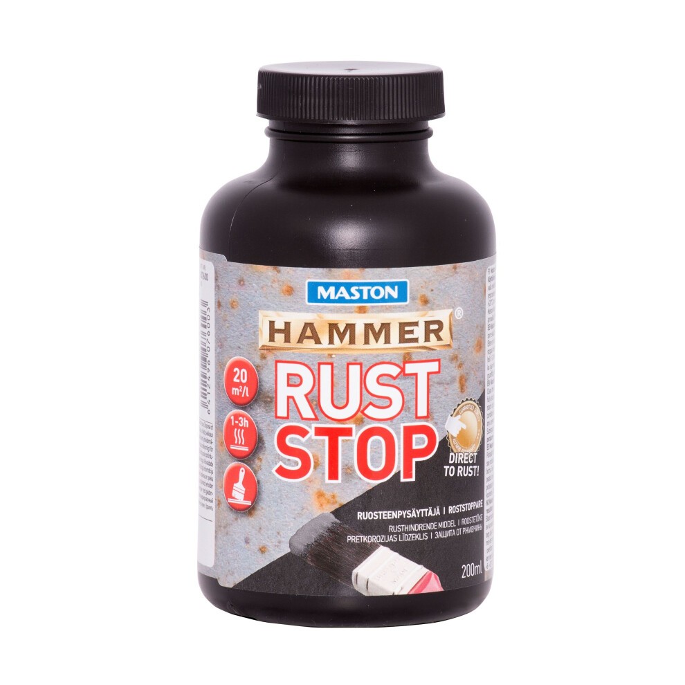Black plastic bottle with a screw cap, labeled "Maston Rust Stop" in bold red and yellow text, featuring a hammer graphic and details about anti-corrosive properties, 200ml capacity.