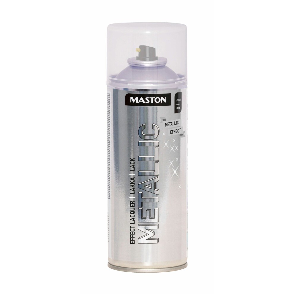 Maston Spray Paint in a 400ml can features a metallic effect, glossy finish, and a silver exterior with bold "METALLIC" text and a purple cap.