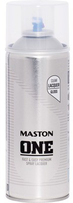 High gloss lacquer spray paint in a 400ml metallic silver can, featuring a blue nozzle and labeled "Maston ONE" with clear lacquer gloss details.