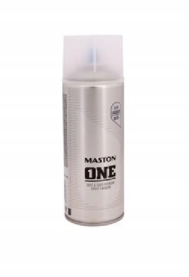 Silver spray can with a matte finish, labeled "Maston ONE - Matt Lacquer 400ml," featuring a clear nozzle and a sleek design, ideal for various spray painting applications.