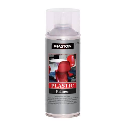 Transparent spray primer in a 400 ml can by Maston, featuring a sleek silver design with a red label and an image of a red chair on the front.
