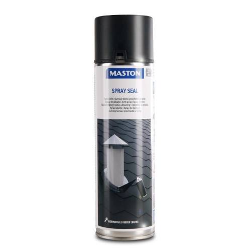 Black matte spray canister labeled "Maston Spray Seal" 500ml, featuring a clear body to showcase contents and a black cap, designed for waterproof sealing applications.