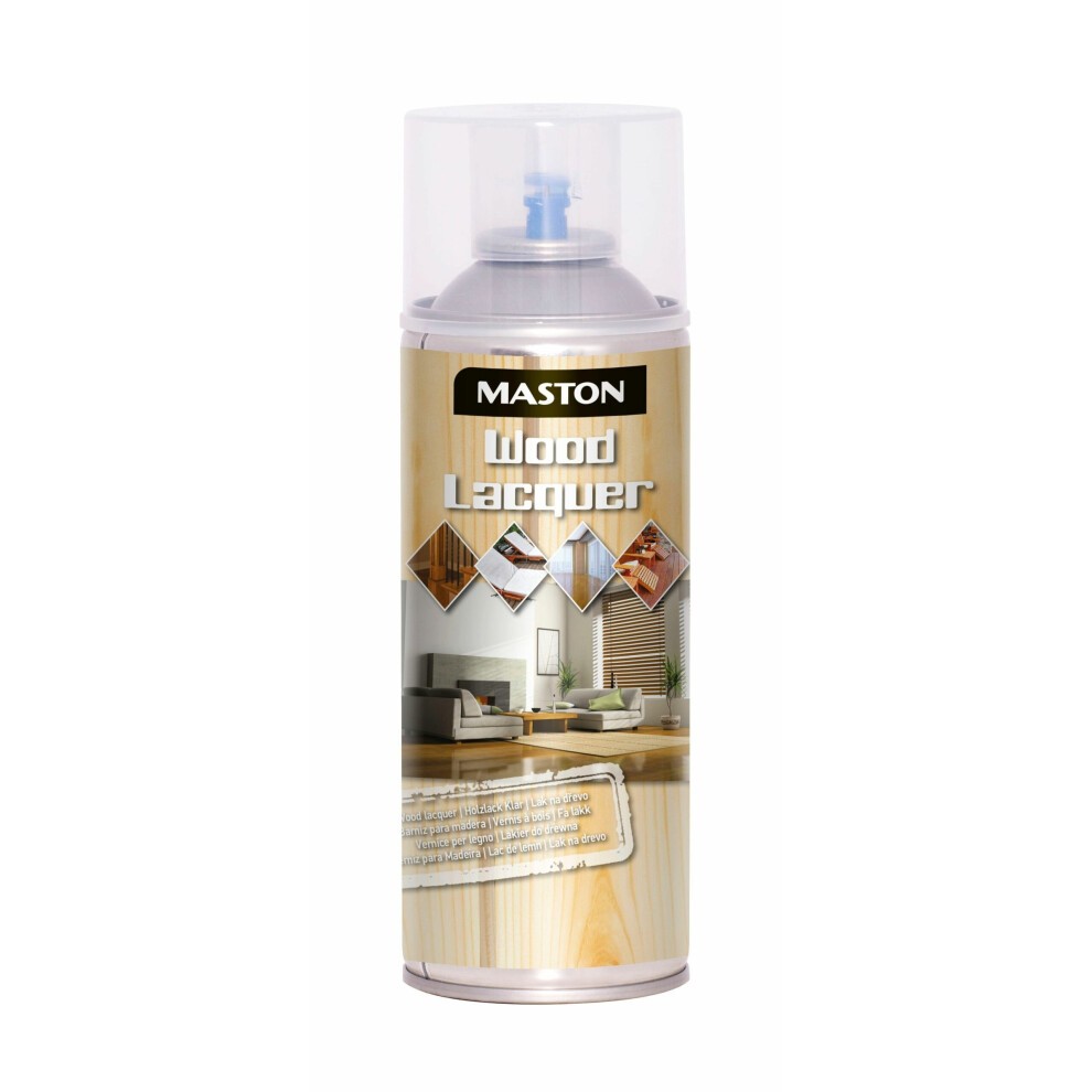Maston Spray Wood Lacquer in a 400ml aerosol can, featuring a silk gloss finish, with a light wood-themed label and images showcasing its use on various wood surfaces.