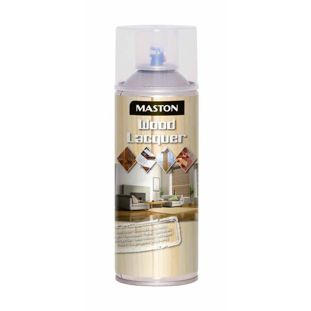 Maston Spray Wood Lacquer in a 400ml can, featuring a high gloss finish, with a clear plastic cap and a label showcasing wood textures and usage instructions.