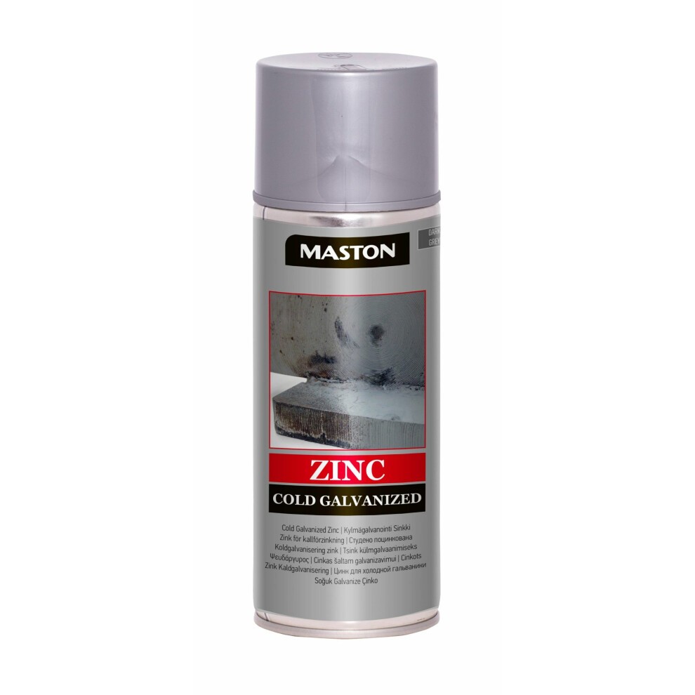 Maston Spray Zinc Cold Galvanized in dark grey, 400ml aerosol can with a silver cap, featuring a label with product details and a graphic of a galvanized surface.