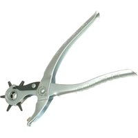 Silver Maun Revolving Hole Punch Pliers with black rotating wheel and multiple punch sizes.