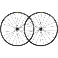 Mavic Allroad Disc C-Lock gravel wheelset, black rims with thin spokes and yellow logo accents, designed for cycling.