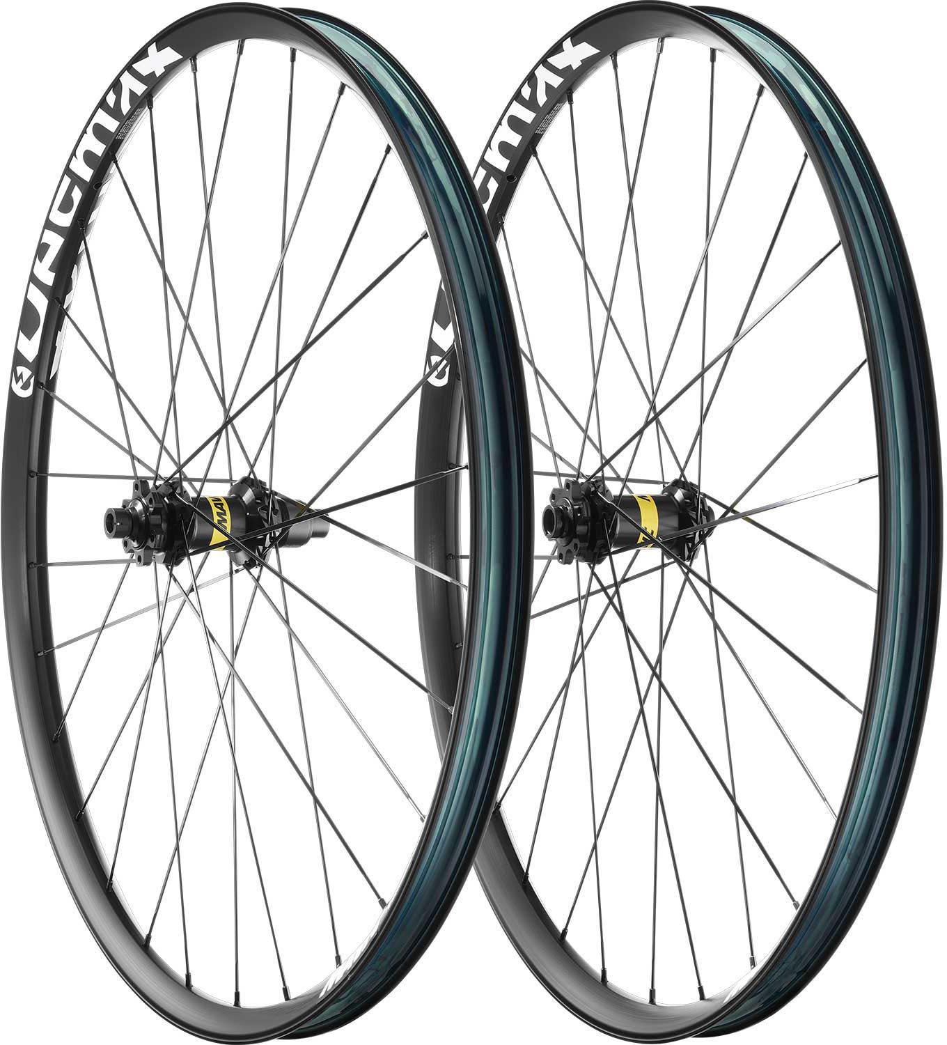 Black Mavic E-Deemax 27.5" wheelset with silver spokes, center lock hubs, and Shimano Micro Spline compatibility.