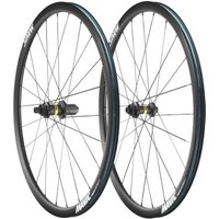 Black Mavic Ksyrium 30 Disc C-Lock 700c Wheelset with sleek rims and radial spokes, featuring yellow hub accents.