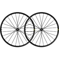 Mavic Ksyrium SL Disc C-Lock 700c Wheelset, black rims with sleek spokes and yellow accents.