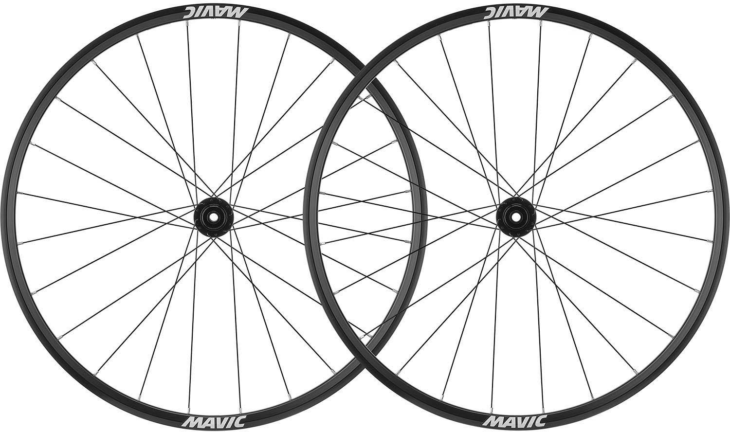 Black Mavic RG22 disc brake wheelset with thin spokes and Shimano HG hub, featuring white Mavic logos on rims.