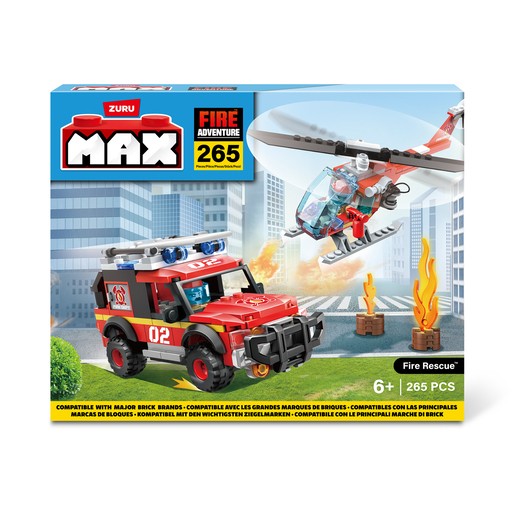 Red fire rescue vehicle with blue lights and a helicopter, set against a backdrop of flames, featuring 265 pieces for construction, labeled "MAX Fire Adventure" by ZURU.